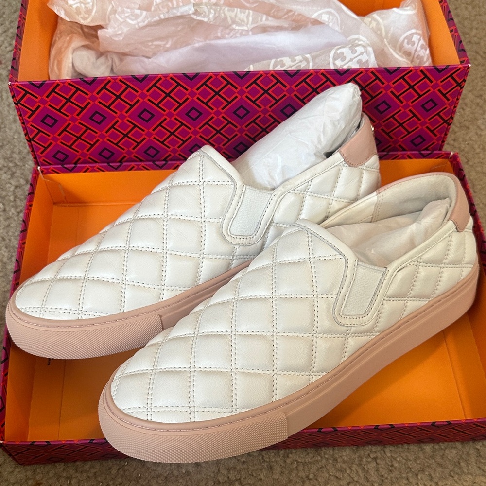 Quilted White Tory Burch Slip-On Sneakers